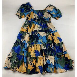 Lands End Tropical Floral Smocked Bodice Puff Sleeve Dress L